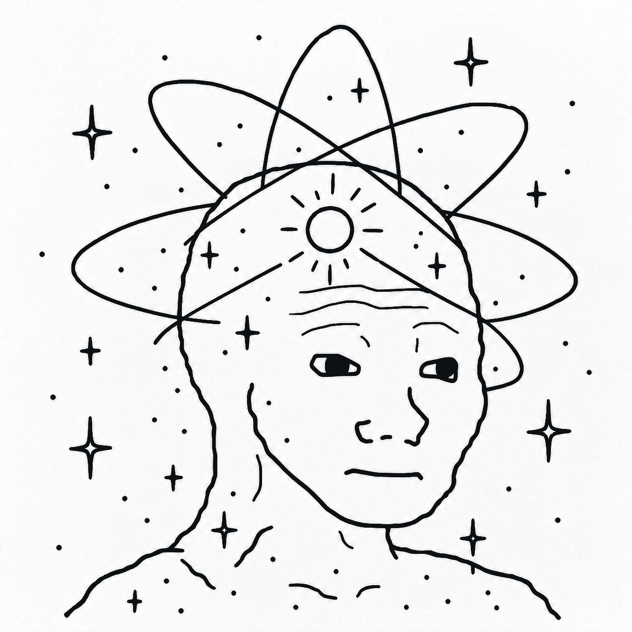 Quantum Wojak portrait surrounded by atomic orbits
